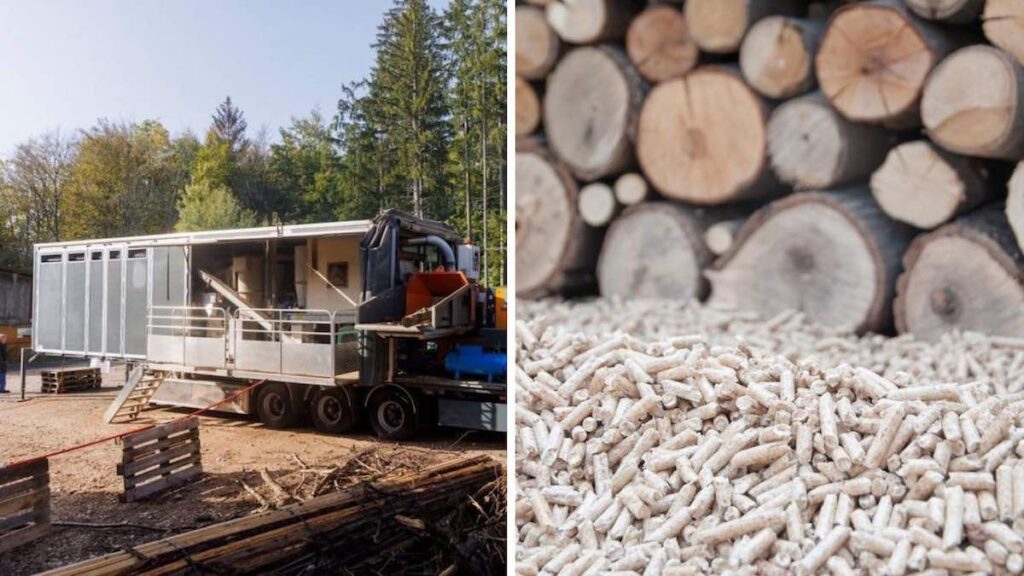 Mobile unit to make wood pellets where the biomass is