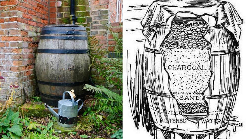 A century-old artisanal system for collecting and filtering rainwater in a barrel